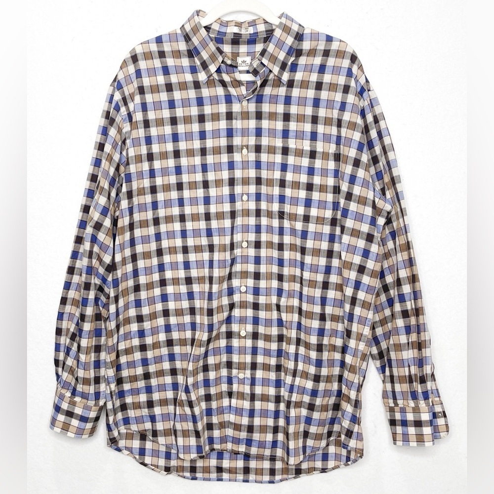 Peter Millar Men’s Brown Blue Checker Cotton Long Sleeve Button Down Shirt XL